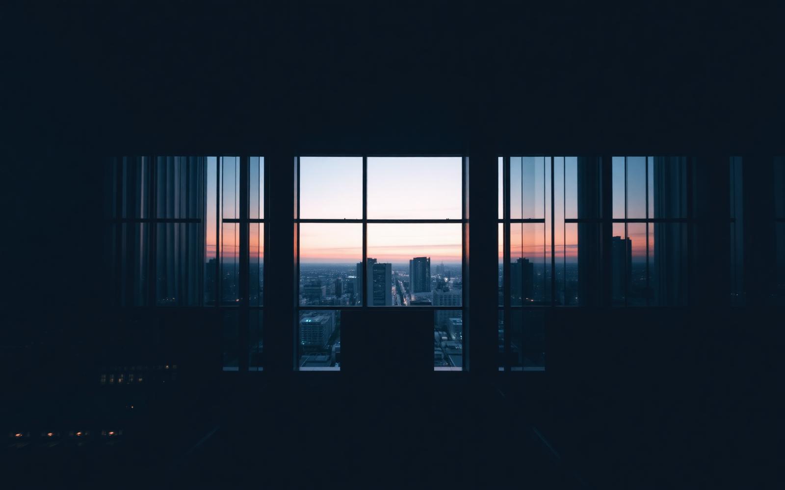 Executive office overlooking a city skyline at dusk